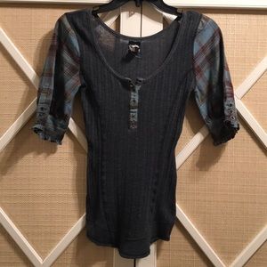 Free People grey shirt with plaid sleeves